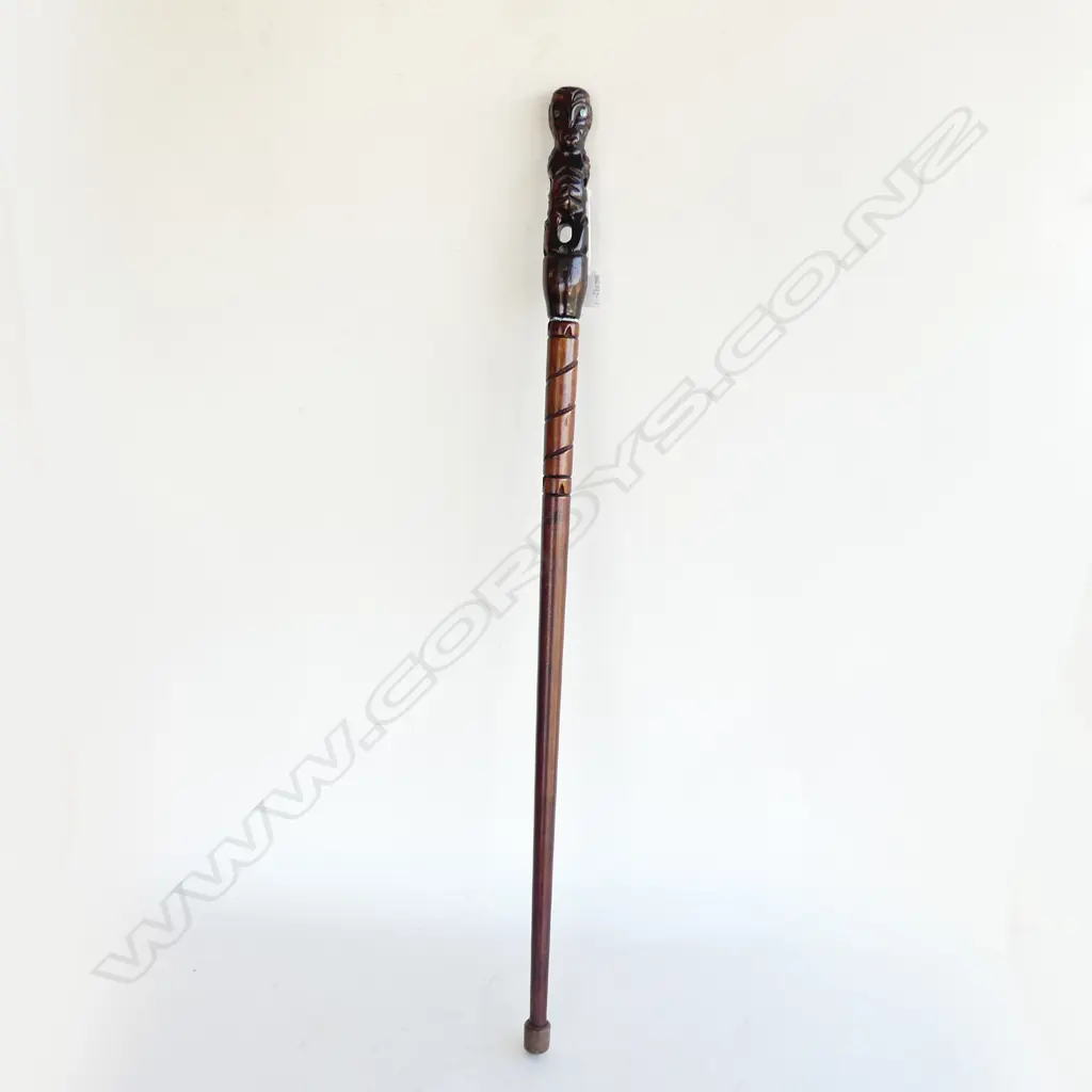 CARVED MAORI WALKING STICK WITH TIKI WITH PAUA SHELL EYES AT TOP Image 1++