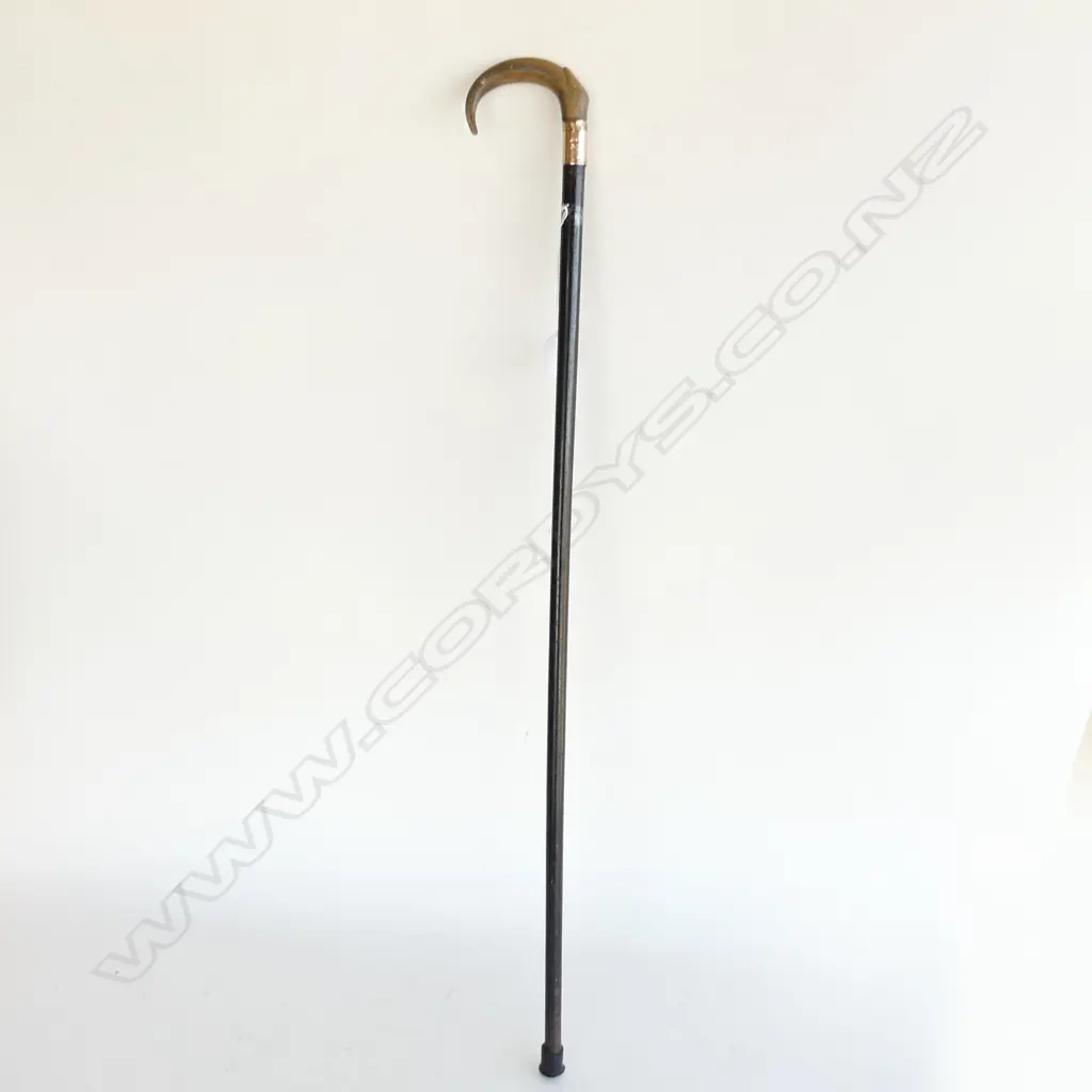 VINTAGE WALKING STICK WITH HORN HANDLE & MONOGRAMMED 9CT GOLD BAND Image 1++