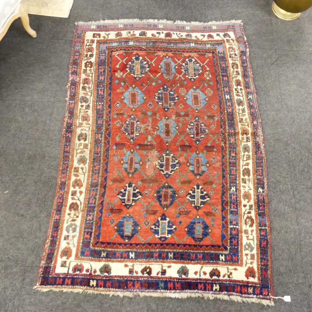 19thC KURDISH TRIBAL HAND KNOTTED ALL WOOL RUG - REPAIRS 1850x1250mm Image 1++