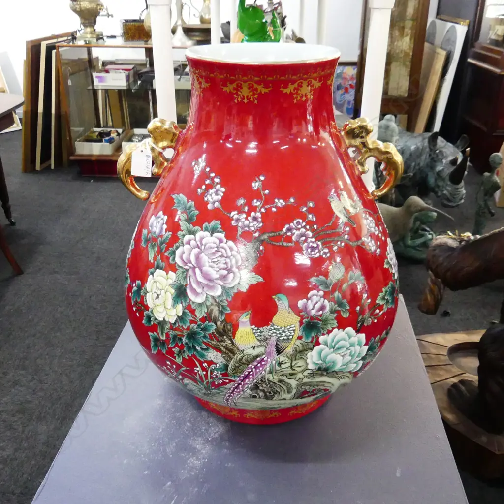 LG RED CHINESE VASE w. BIRDS & BLOSSOMS H.460mm repairs to one handle Image 1++