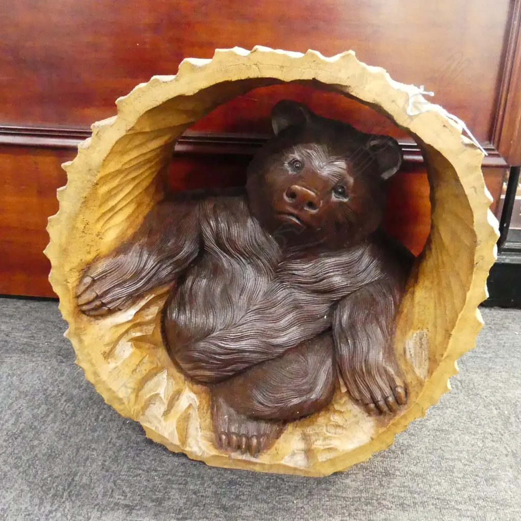 WOODEN CARVED BEAR IN CARVED WOODEN  LOG 500mm dia Image 1++