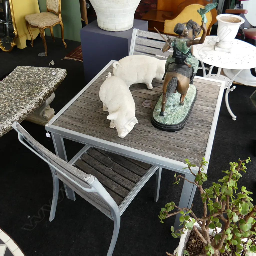 SQUARE OUTDOOR TABLE & 2 CHAIRS - WHITE METAL & TEAK 900x900x690mm Image 1++