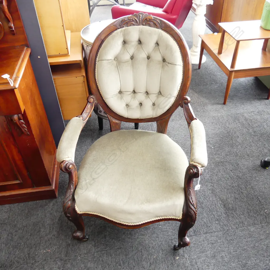 VICTORIAN GRANDMOTHER CHAIR; GREEN VELVET BUTTON BACK Image 1++