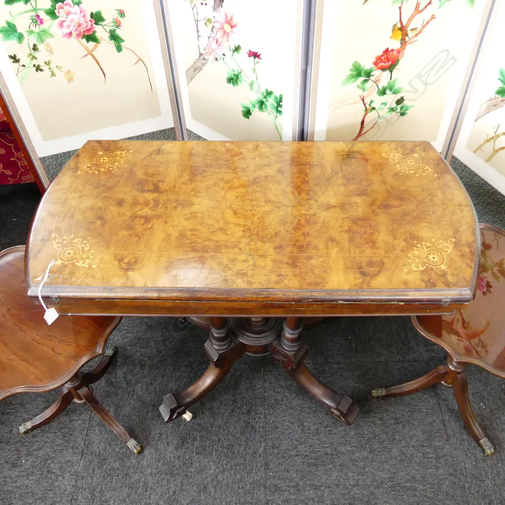 VICTORIAN FOLDING WALNUT GAMES TABLE CATHEDRAL BASE 900x440x700mm Image 1++