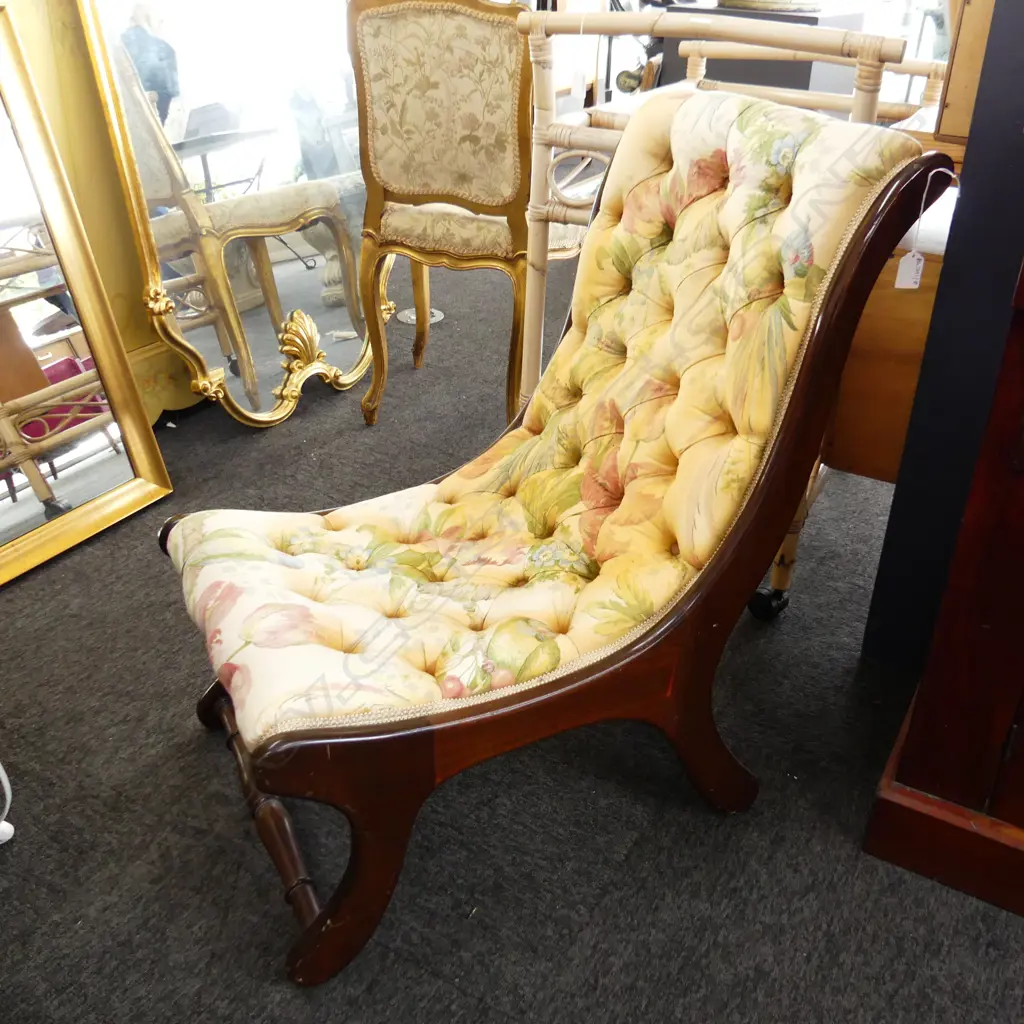 VICTORIAN STYLE NURSING CHAIR; STAINED FLORAL BUTTONED UPHOLSTERY Image 1++