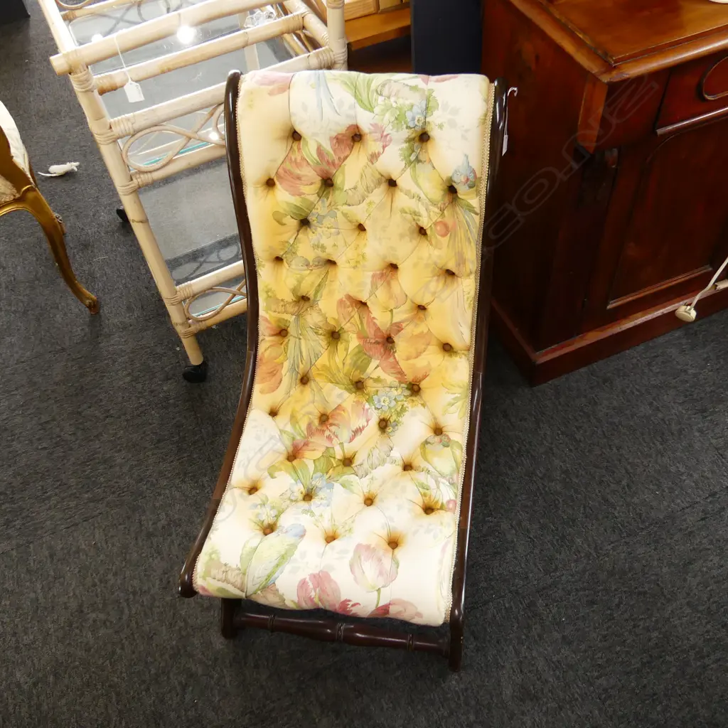 VICTORIAN STYLE NURSING CHAIR; STAINED FLORAL BUTTONED UPHOLSTERY Image 1++