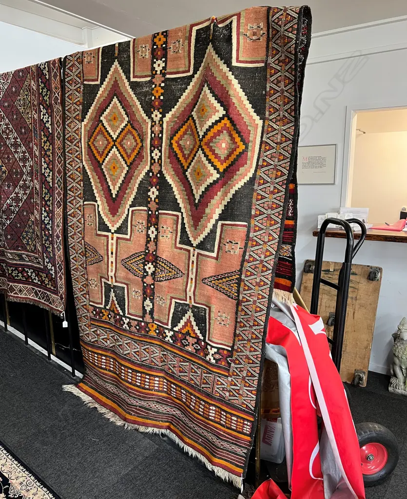 SEMI ANTIQUE KELIM RUG GEOMETRIC DECORATION 3050 x 1220mm attractively faded Image 1++