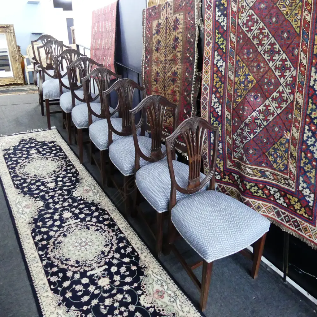 8 HEPPLEWHITE STYLE DINING CHAIRS IN BLUE UPHOLSTERY (2 CARVERS) Image 1++