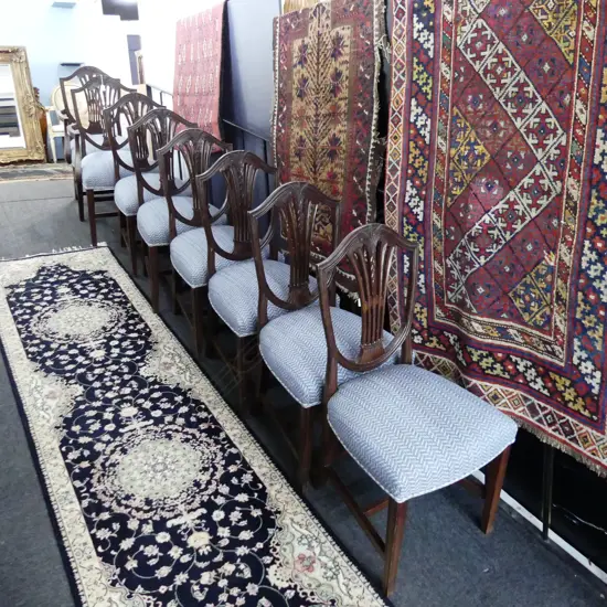 8 HEPPLEWHITE STYLE DINING CHAIRS IN BLUE UPHOLSTERY (2 CARVERS)