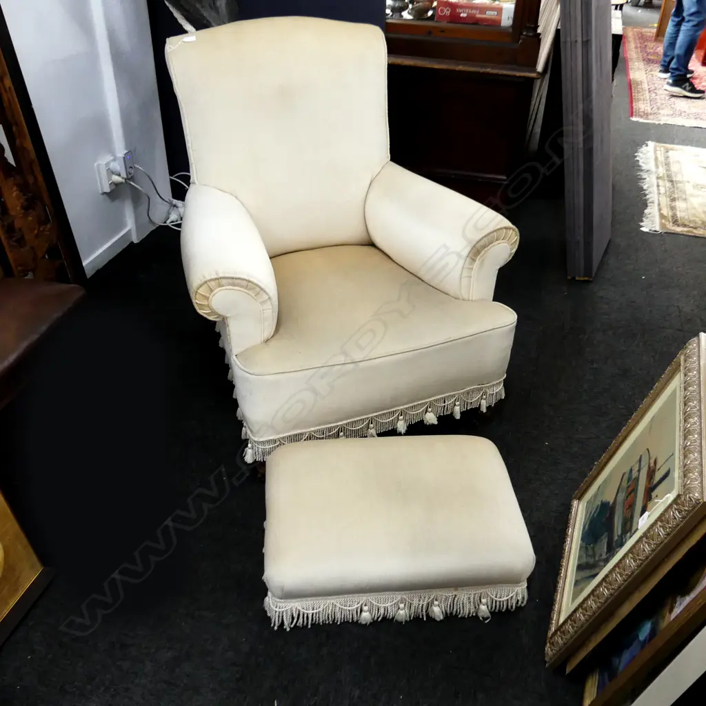 CREAM VELVET UPHOLSTERED ARMCHAIR w. TASSEL TRIM & MATCHING FOOT STOOL Image 1++