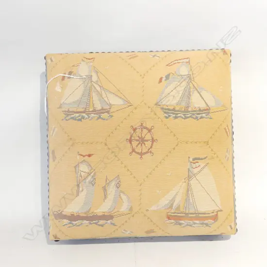 SQUARE FOOTSTOOL UPHOLSTERED w. SAILBOAT FABRIC 370x370mm