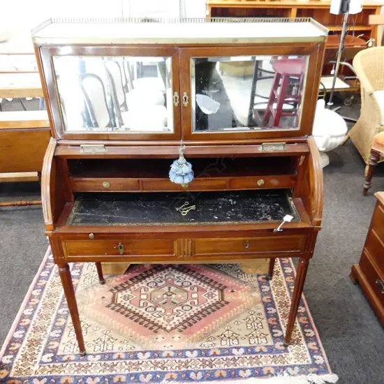 19THC FRENCH DESK - BONHEUR DE JOUR - CYLINDRICAL TOP w. GLAZED UPPER SECTION + 4 KEYS 950x455x1300mm