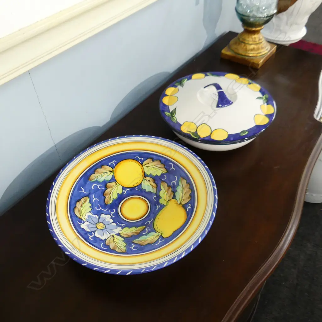 2 LGE BLUE & YELLOW DISHES; BOWL 350mm dia, TEMUKA LIDDED CASSEROLE 305mm dia Image 1++