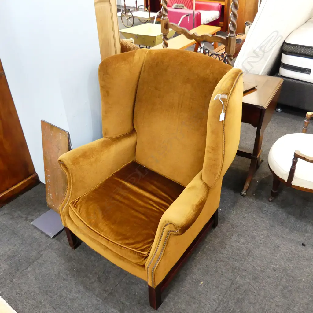 BROWN VELVET WING BACK CHAIR BY 'D'VASK - QUALITY FURNITURE' 830x700x1030mm Image 1++