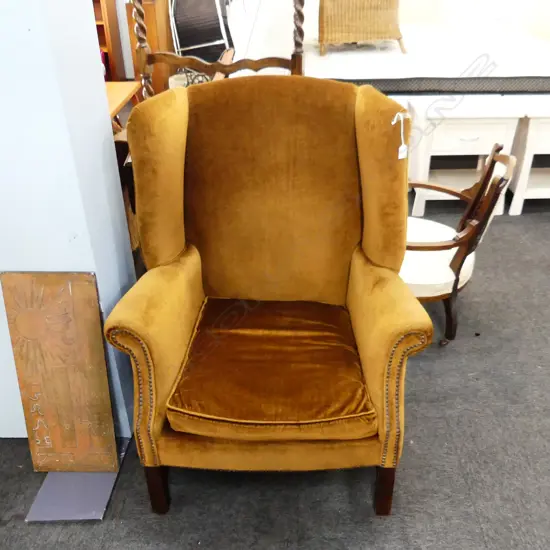 BROWN VELVET WING BACK CHAIR BY 'D'VASK - QUALITY FURNITURE' 830x700x1030mm