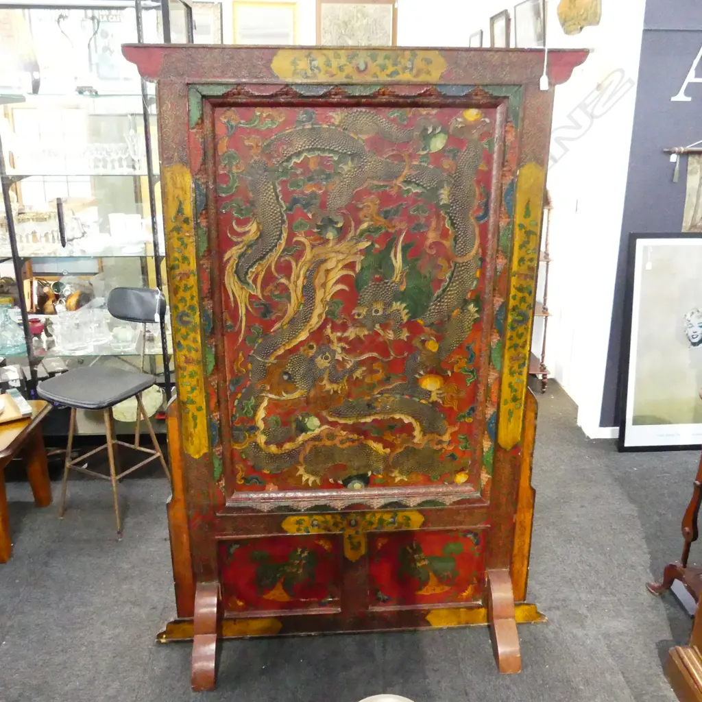 OLD FREE STANDING ORIENTAL SCREEN CARVED & PAINTED.H.1860mm Image 1++