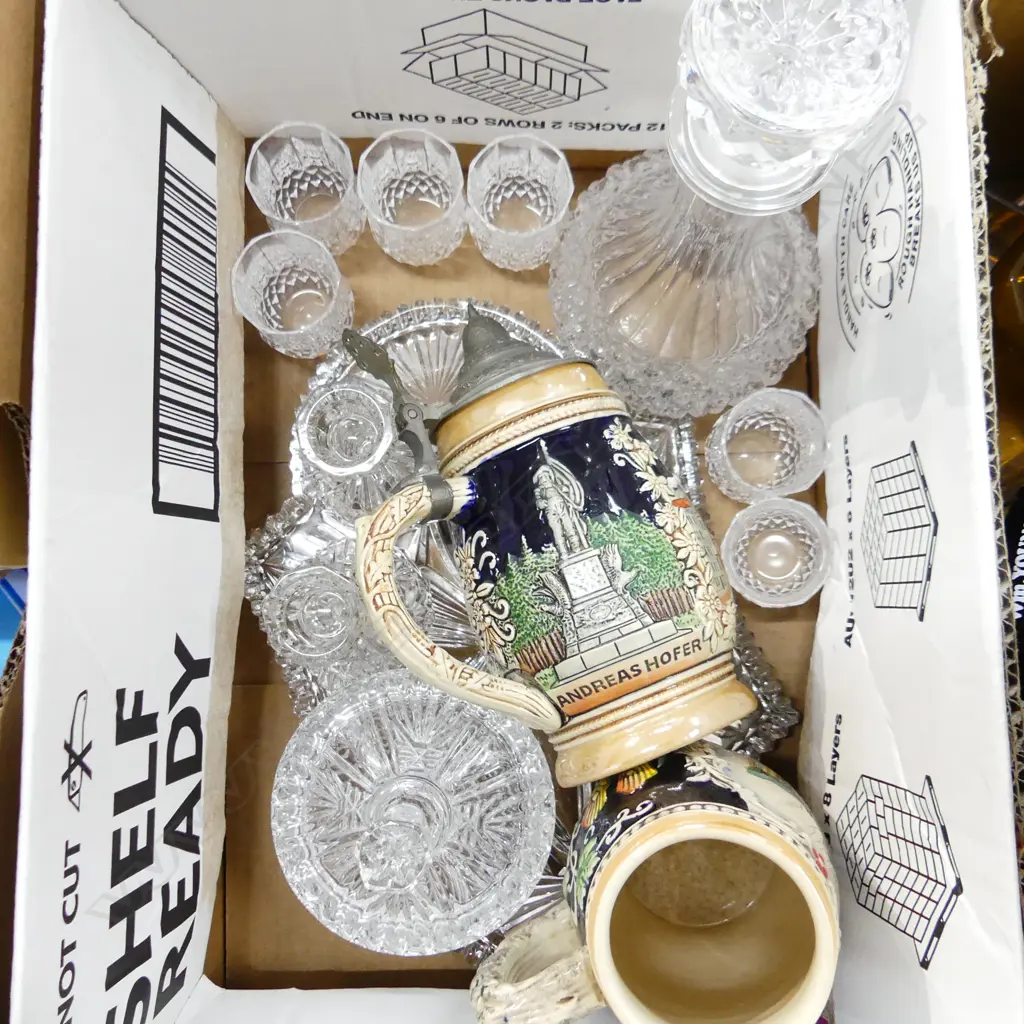 BOX ASST CRYSTAL & GLASS INCL DECANTER & DRESSING TABLE SET + 2 GERMAN STEINS  Image 1++
