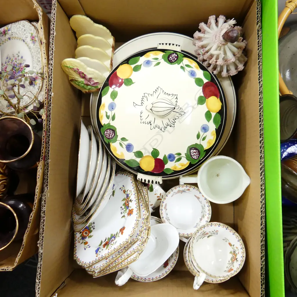 BOX ASST INCL AYNSLEY TEA SET, TITIAN WARE, CARLTON WARE TOAST RACK ETC.. Image 1++