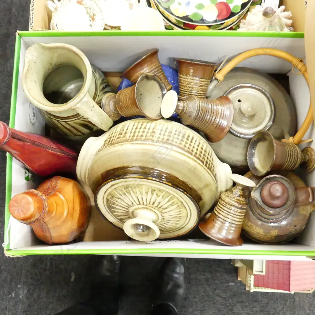 BOX ASST POTTERY & 2 LEATHER BOUND DECANTERS ETC.. Image 1++