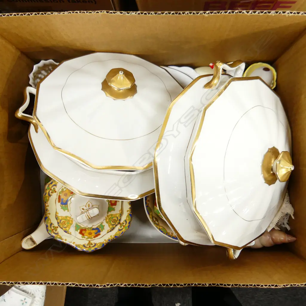 BOX ASST CHINA INCL 2 WHITE & GOLD GILD SERVING DISHES, TEAPOT, RA PLATES ETC.. Image 1++