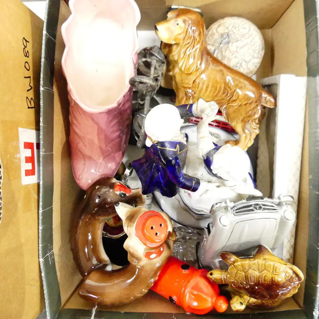 BOX ASST COLLECTABLES INCL S&P SHAKERS, TOY CARS, FIGURINES ETC.. Image 1++