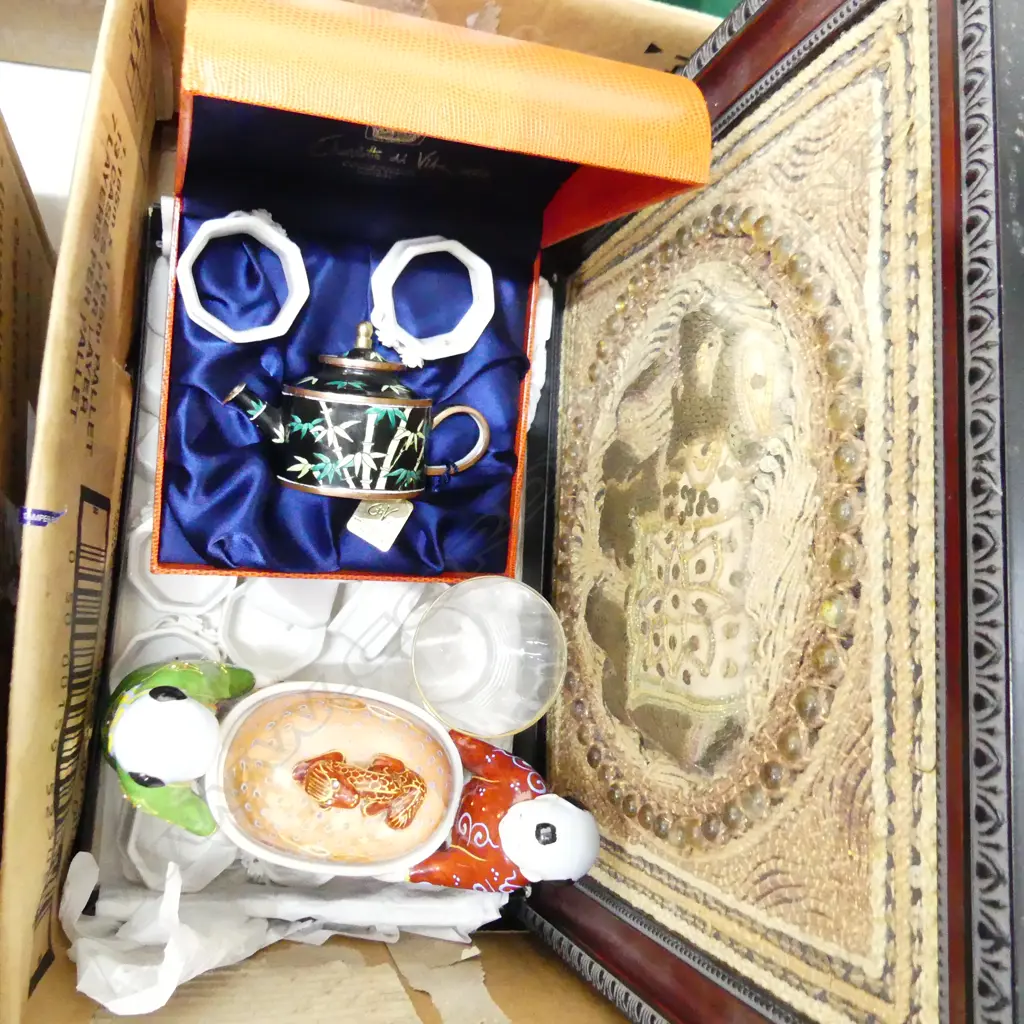 BOX ASST.; CLOISONNE TEAPOT H.70mm CASED, PR THAI ELEPHANT EMBROIDERIES, ORIENTAL CONTAINER w. 2 BOYS, NAPKIN RINGS ETC Image 1++
