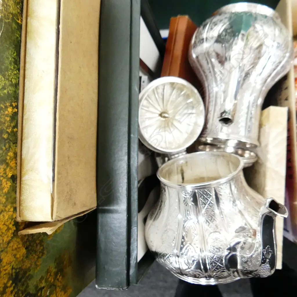 BOX LOT ASST. CASED CUTLERY INCL. PR SILVER PLATE TEAPOTS & ST. JAMES CHEESE KNIFE SET, BOXED Image 1++