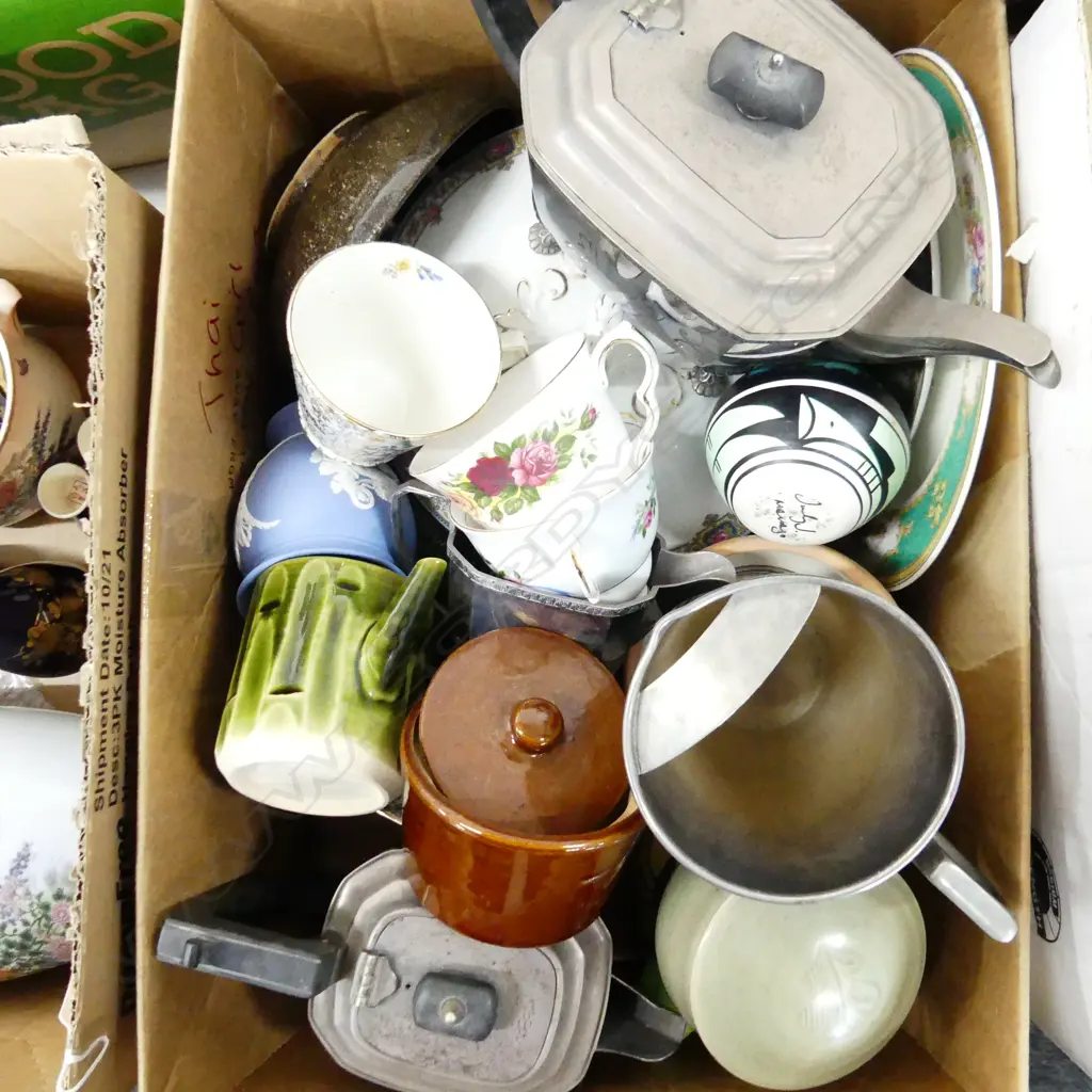 BOX LOT ASST. CHINA & POTTERY + EP TEA SET Image 1++