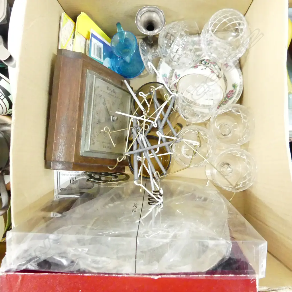 BOX MISC INCL OLD MAPS, CRYSTAL STEMWARE, RODD DISH, BAROMETER ETC.. Image 1++