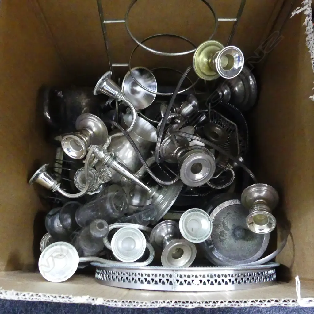 BIG BOX LOT ASST OLD SILVER PLATE INCL CANDLELABRAS ETC Image 1++