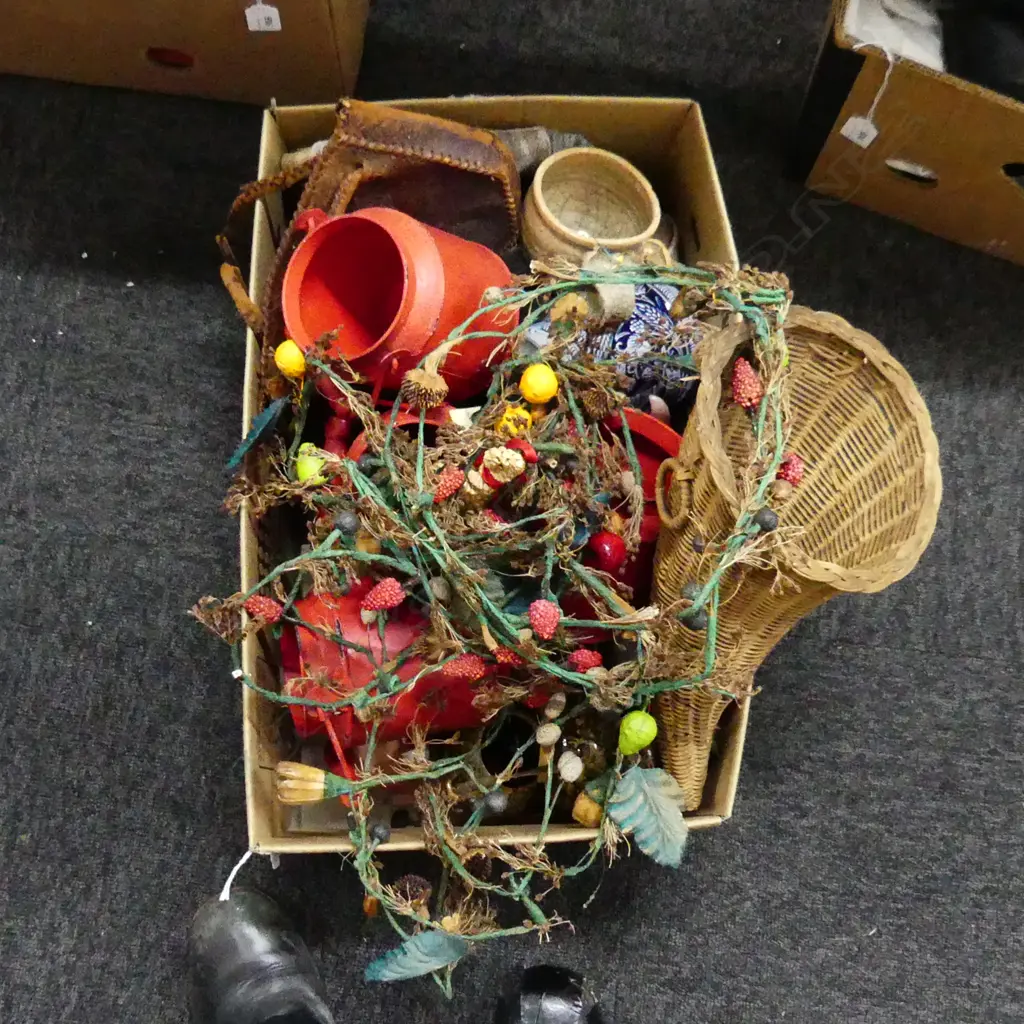 BOX LOT ASST.; MINI RED METAL MILK PAILS, CERAMICS ETC Image 1++
