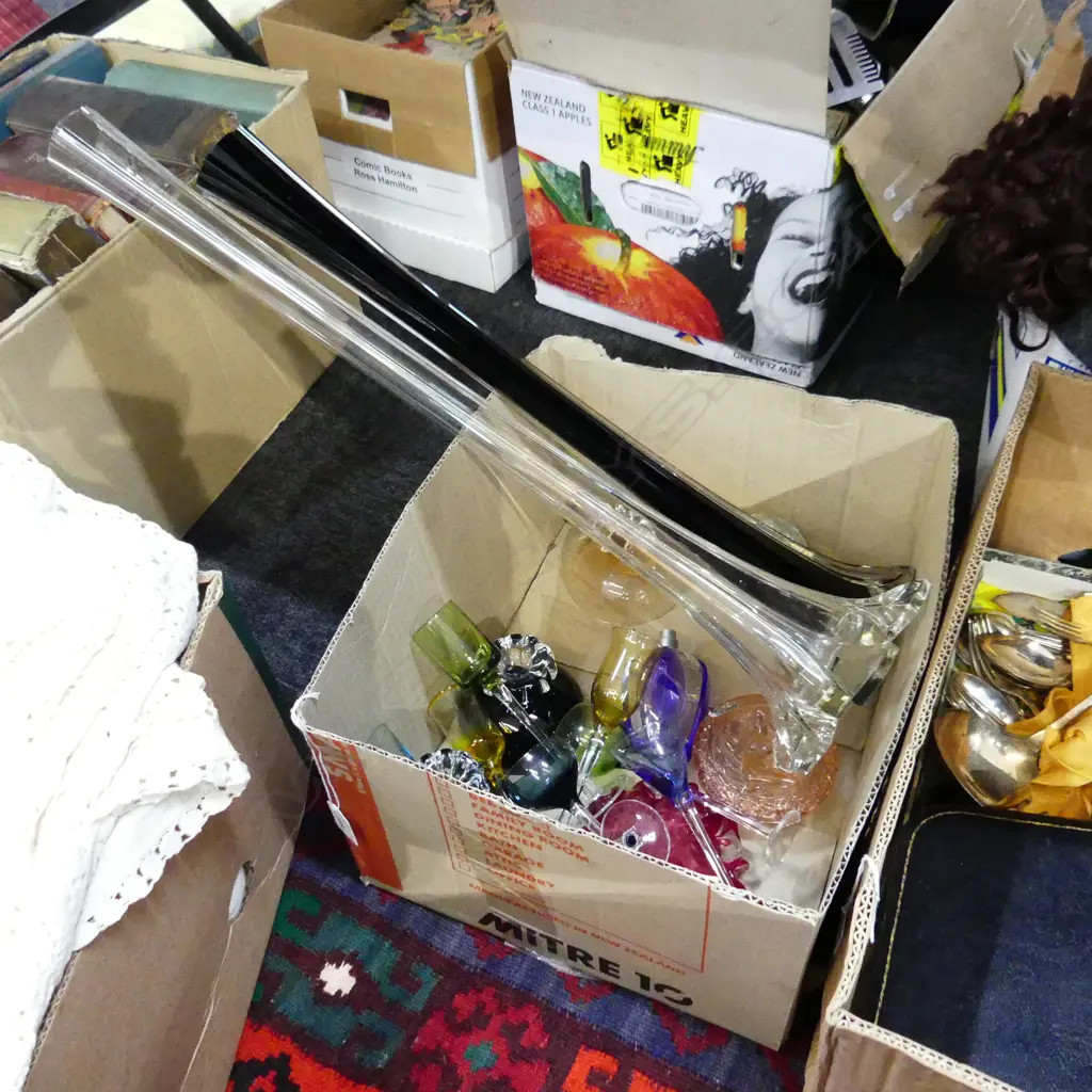 BOX LOT COLOURED GLASS COLLECTION; TALL VASES/STEM-GLASSES/PERFUME/ETC Image 1++
