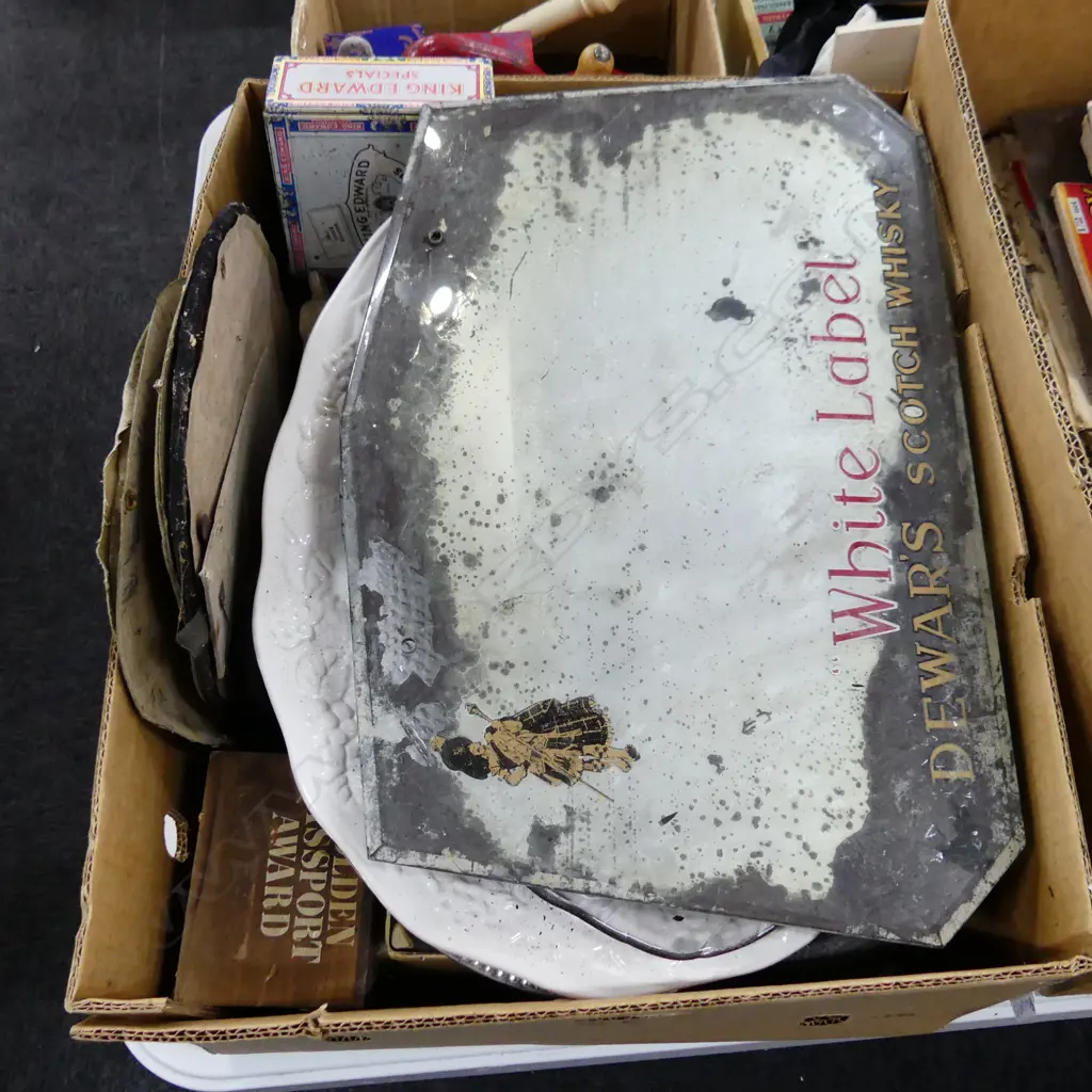 BOX LOT ASST. WHISKY MERCHANDISE; MIRROR ETC Image 1++