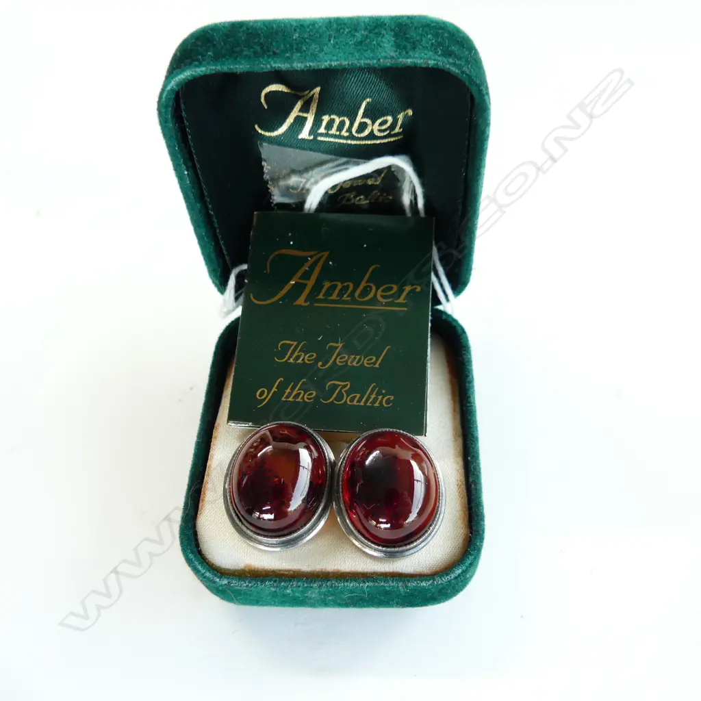 LG AMBER & 925 SILVER CLIP EARRINGS, IN ORIGINAL BOX Image 1++