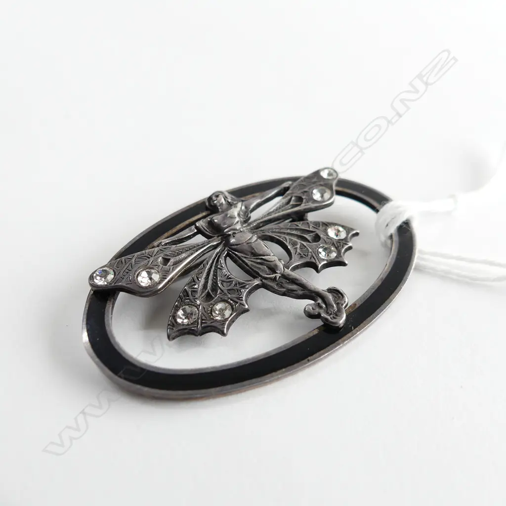 925 SILVER ART NOUVEAU STYLE OVAL BROOCH w. WINGED FEMALE FIGURE 50x30mm 9.8 GRAMS Image 1++