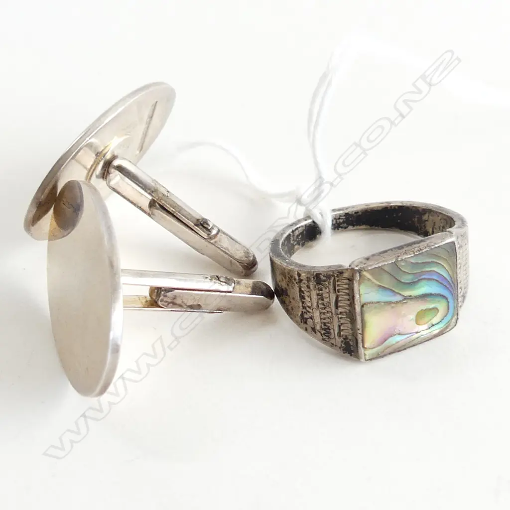 PR LG STG SILVER CUFFLINKS + PAUA SHELL DRESS RING  Image 1++