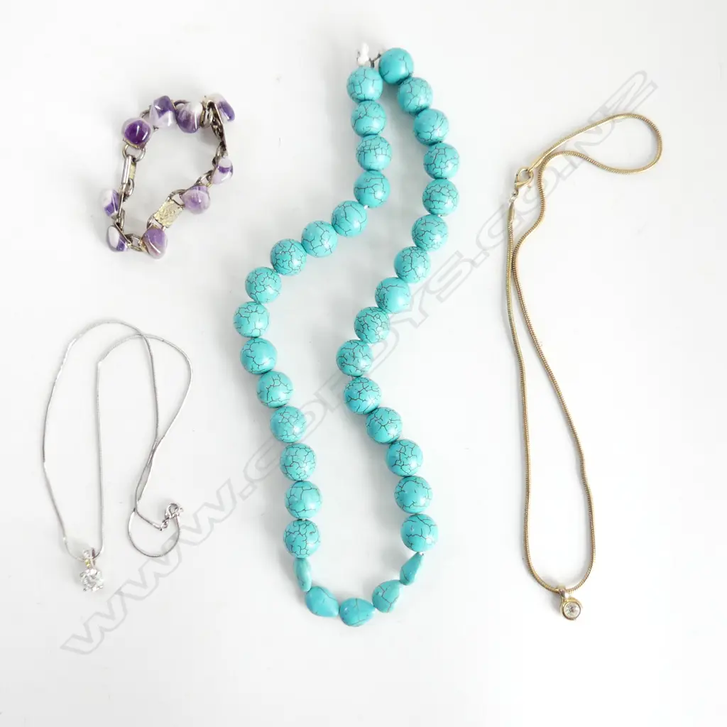3 COSTUME JEWELLERY NECKLACES; 2 w. CZ PENDANTS + FAUX TURQUOISE BEADS + BRACELET Image 1++