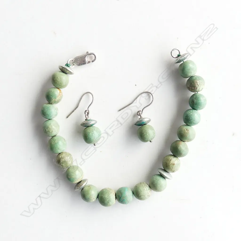 TURQUOISE & SILVER BEAD TRIBAL BRACELET & EARRINGS Image 1++
