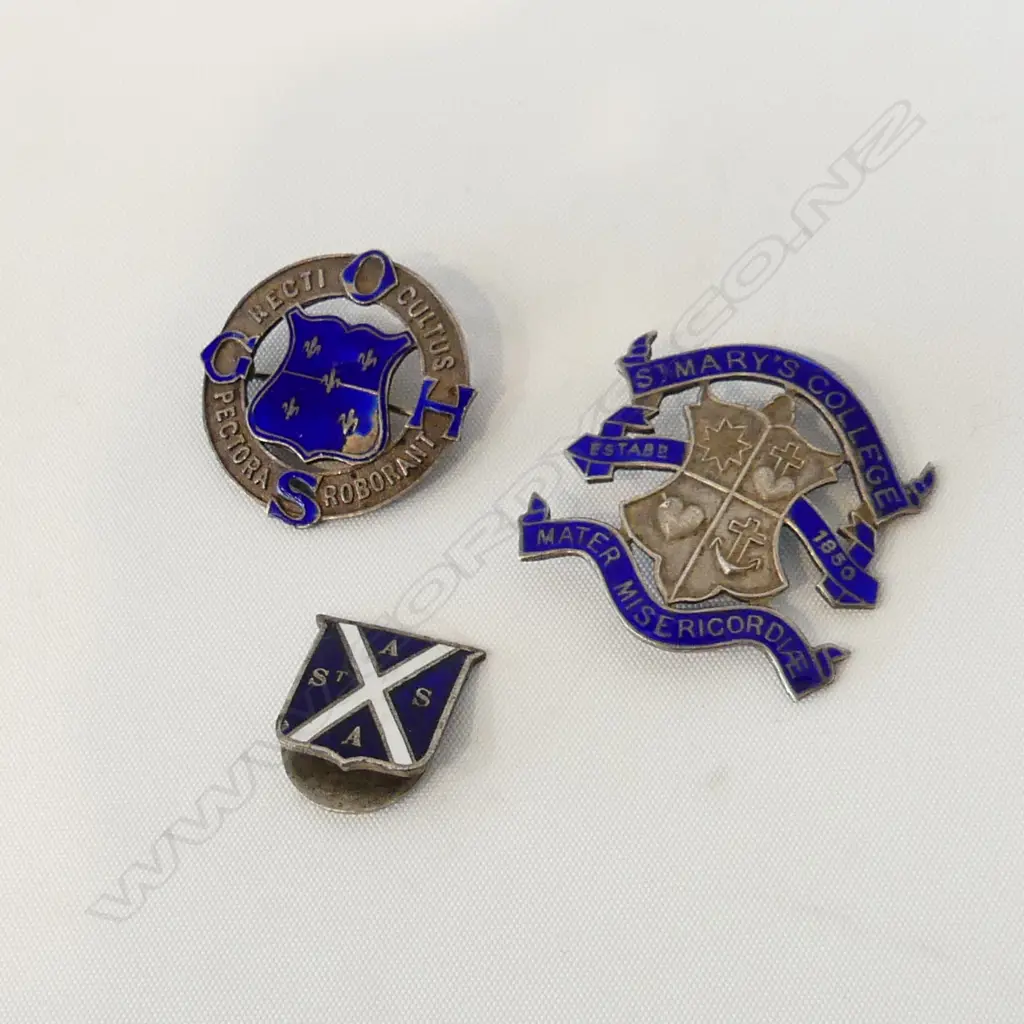 3 STG SILVER & ENAMEL BADGES; ST ANDREWS BY YOUNG & CO, AUCK, ST MARYS COLLEGE & OTAGO GIRLS HIGH SCH. L 40X35 X 20MM Image 1++