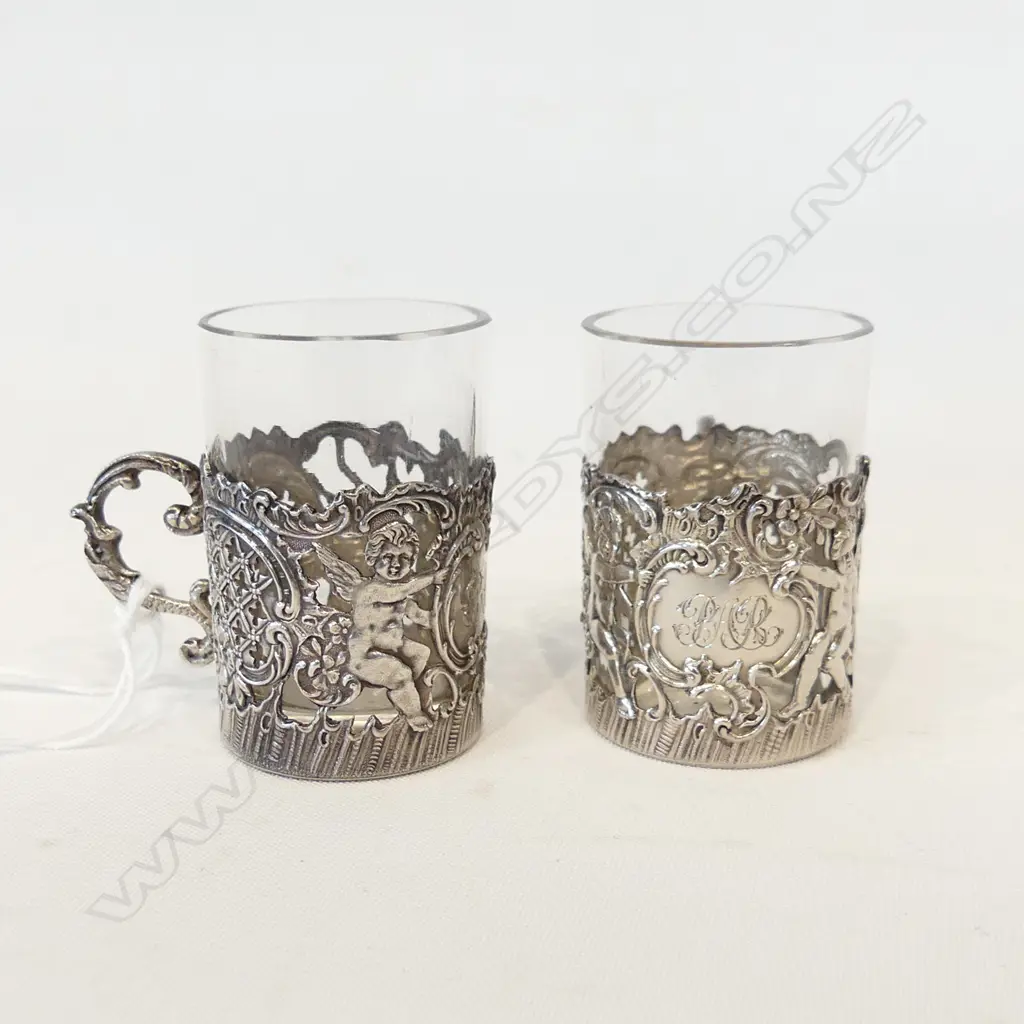PR ORNATE VICTORIAN STG SILVER ANGELS COFFEE CUPS WITH GLASS INSERTS, LONDON 1880 H. 50MM Image 1++