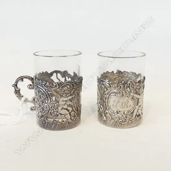 PR ORNATE VICTORIAN STG SILVER ANGELS COFFEE CUPS WITH GLASS INSERTS, LONDON 1880 H. 50MM