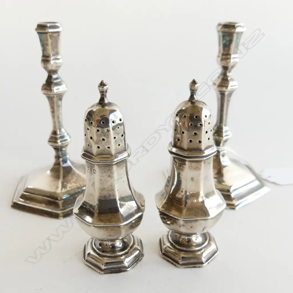 4 PCES STG SILVER; PR CANDLESTICKS (weighted), PR PEPPERETTES 285 GRAMS  Image 1++