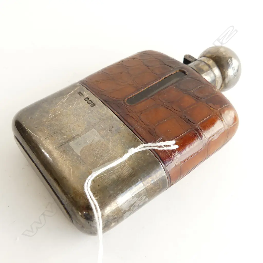 STG SILVER HIP FLASK w. CROCODILE LEATHER TRIM SHEFFIELD 1923 H.150mm Image 1++