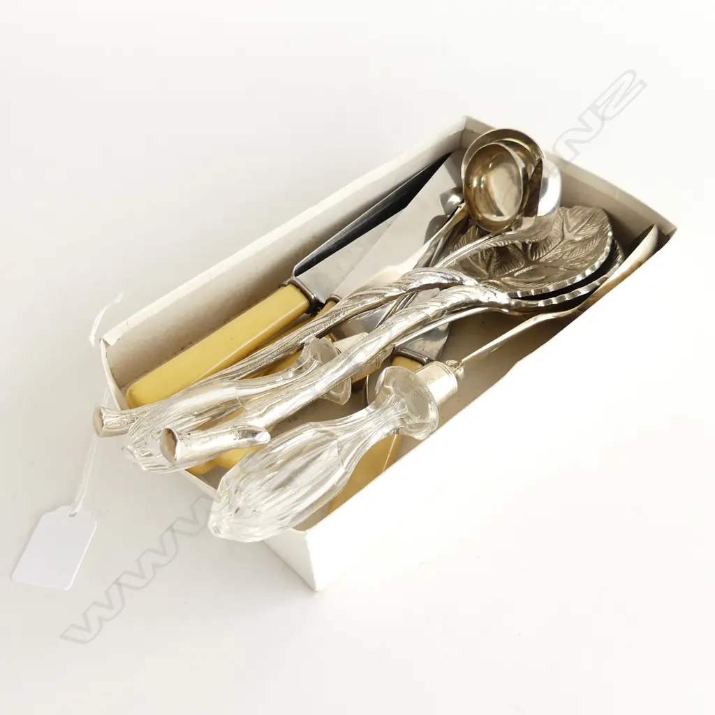 6 IVORINE 'BONE' HANDLED KNIVES + 3 LADLES (1 STG) + 2 PRS SALAD SERVERS (crystal chipped) Image 1++