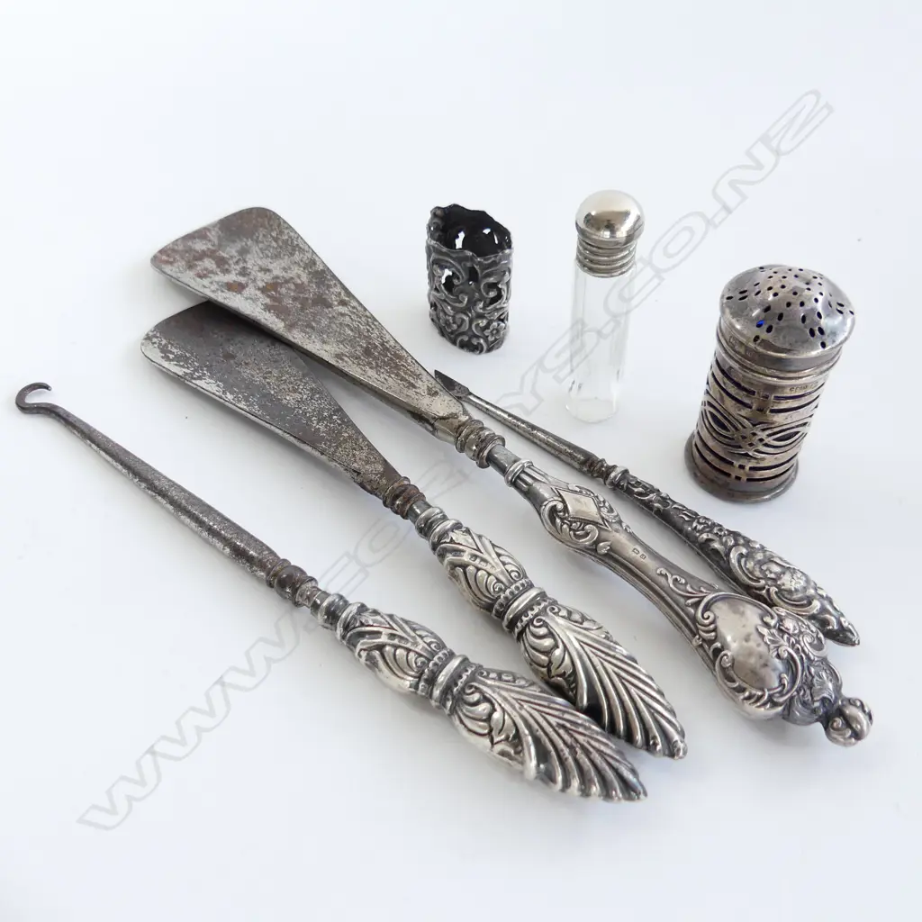 4 STG SILVER HANDLED TOOLS; 2x SHOE HORNS, HOOK & BLADE + 3 OTHER Image 1++