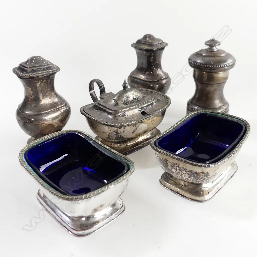 6PC SHEFFIELD PLATE CONDIMENT SET WITH BLUE GLASS LINERS H100MM Image 1++