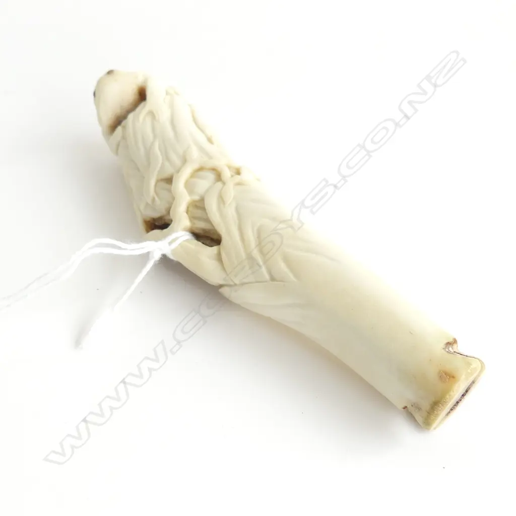 19THC ORIENTAL CARVED BONE WALKING STICK/ PARASOL HANDLE toad & snake L.120mm Image 1++