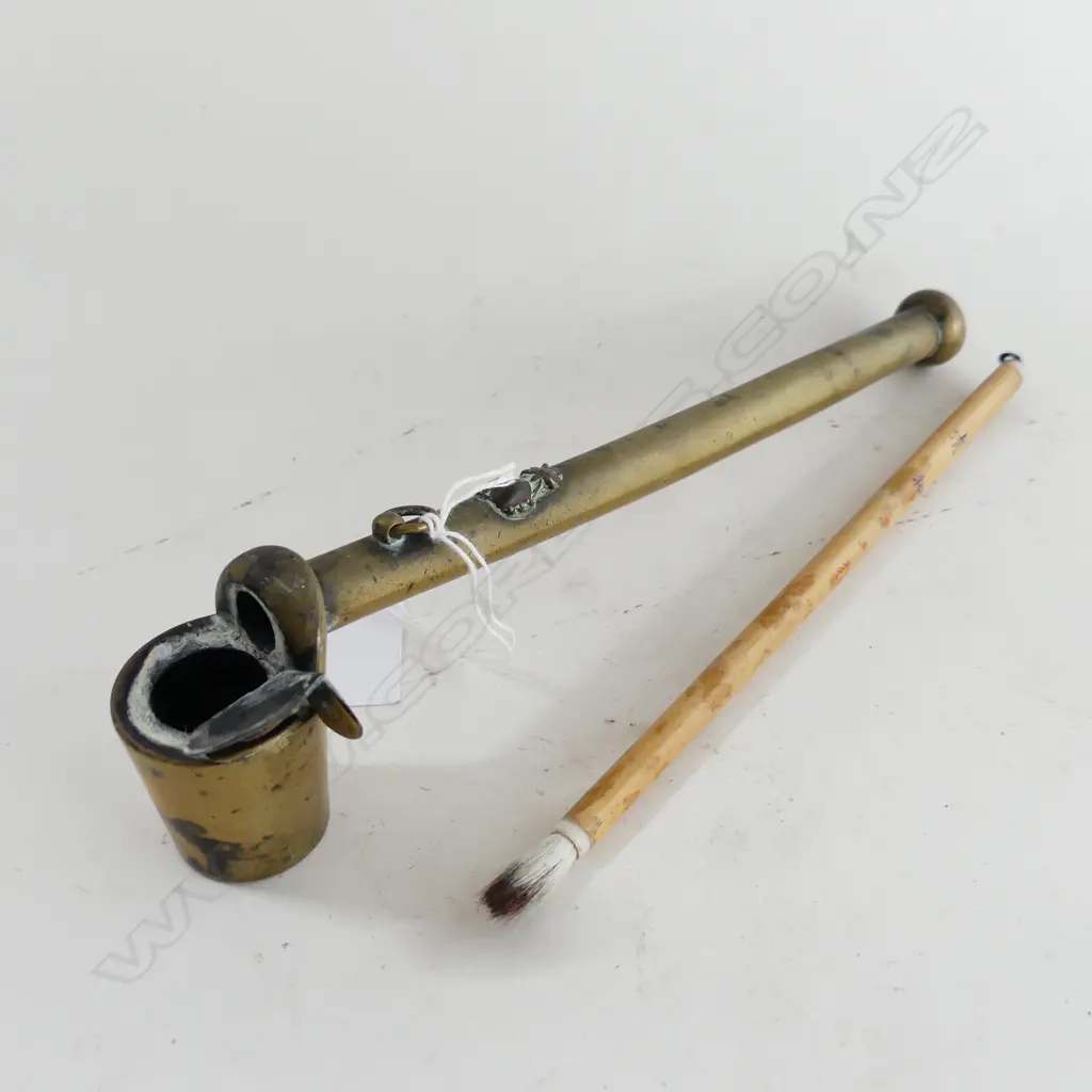 ANTIQUE ORIENTAL BRASS CALLIGRAPHY BRUSH & INKPOT L230MM Image 1++