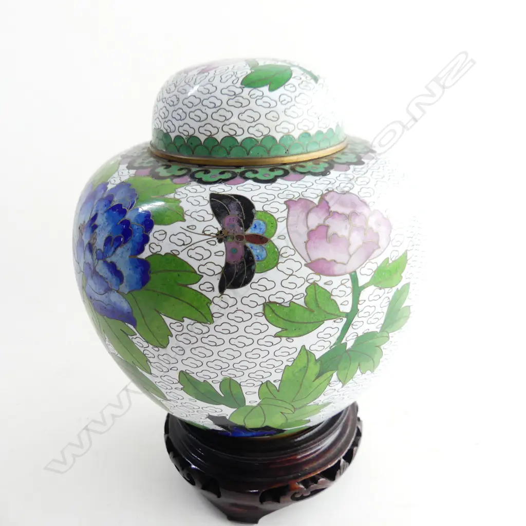 CLOISONNE LIDDED GINGER JAR WITH FLORAL DECORATION H 170 MM WITH STAND Image 1++