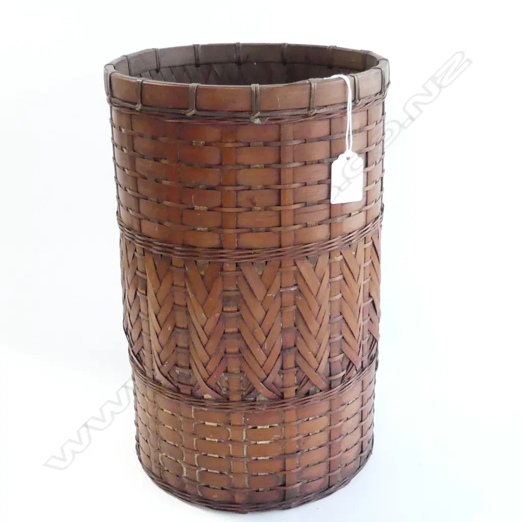VINTAGE JAPANESE WOVEN CYLINDRICAL WASTE PAPER BASKET H.335mm Image 1++